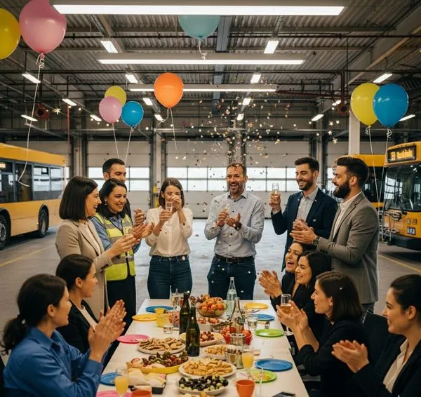 Celebration in bus garage
