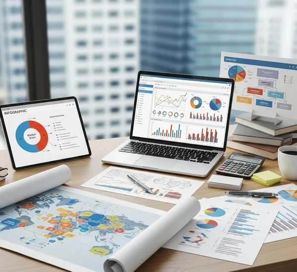 desk with charts and statistical data