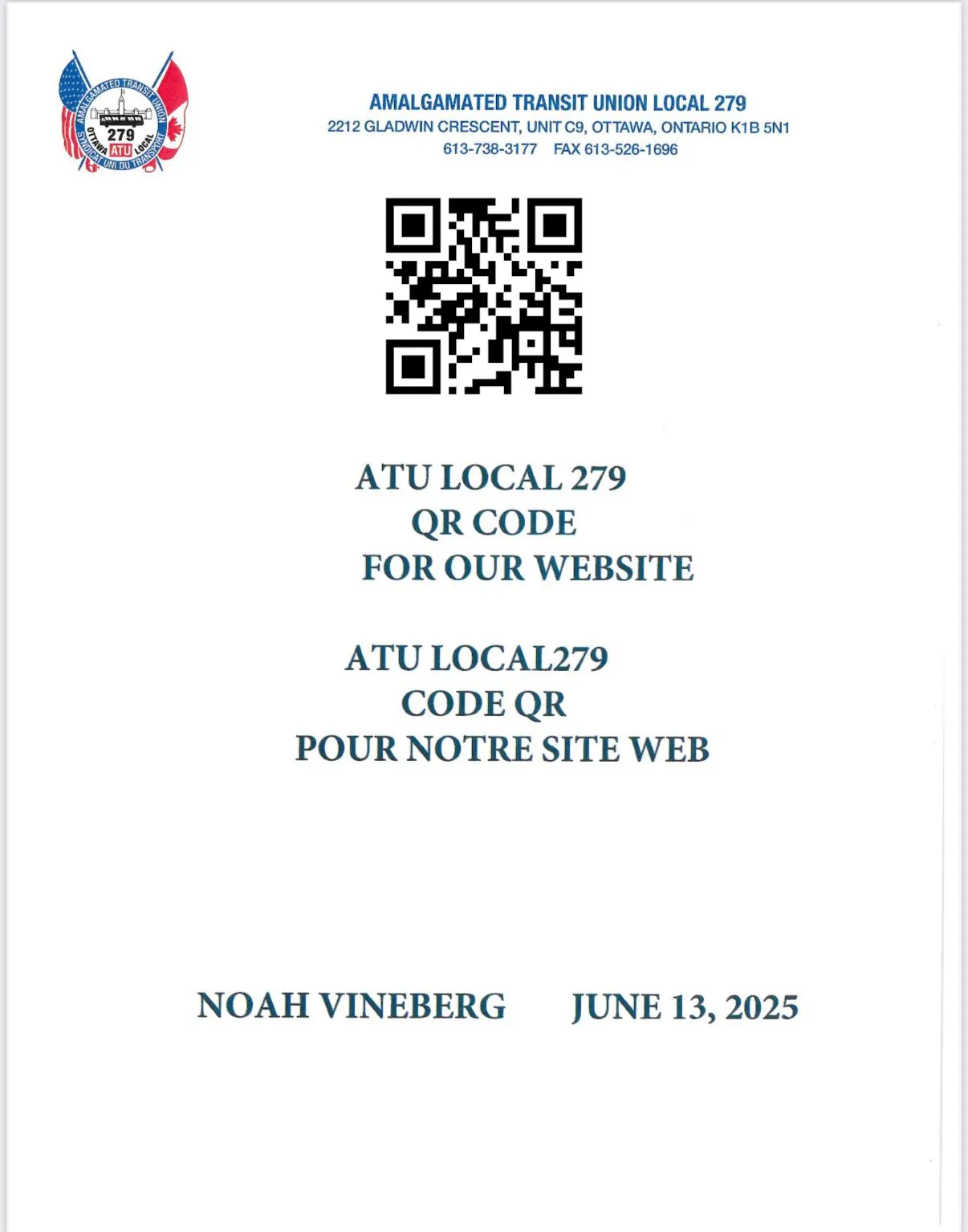 ATU Local 279 QR Code For Our Web Site