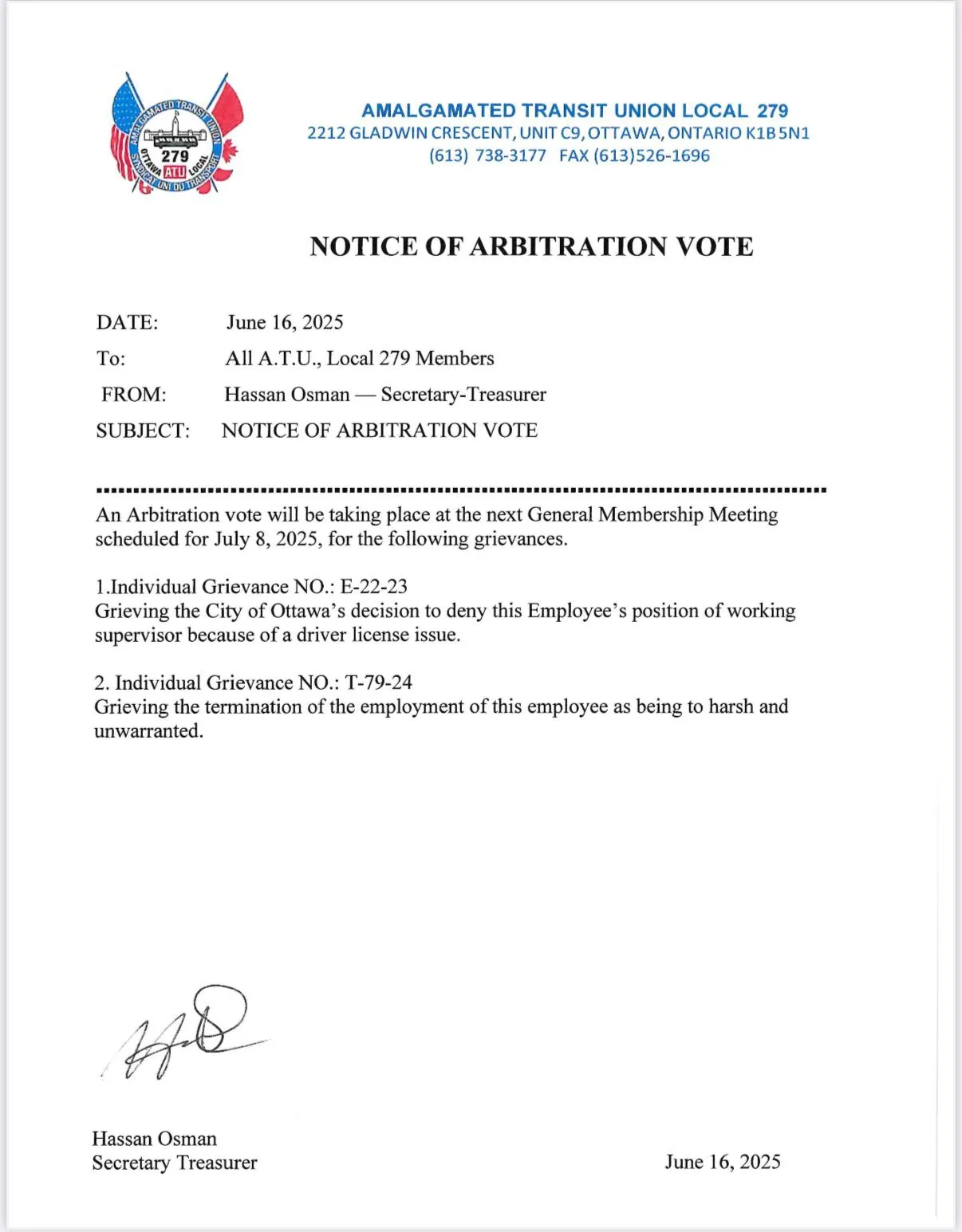 Notice of Arbitration Vote