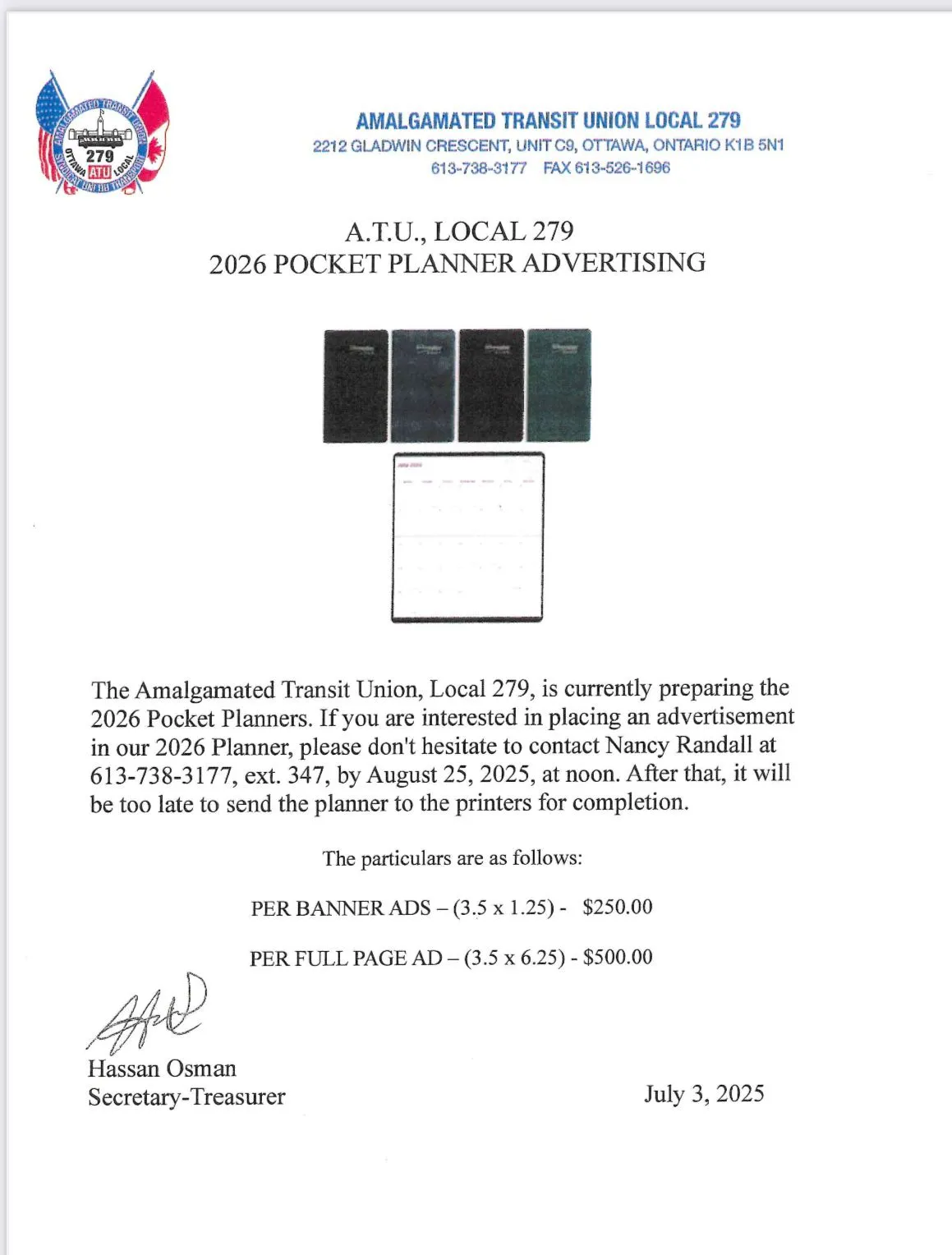 ATU Local 279 2026 Pocket planer advertising