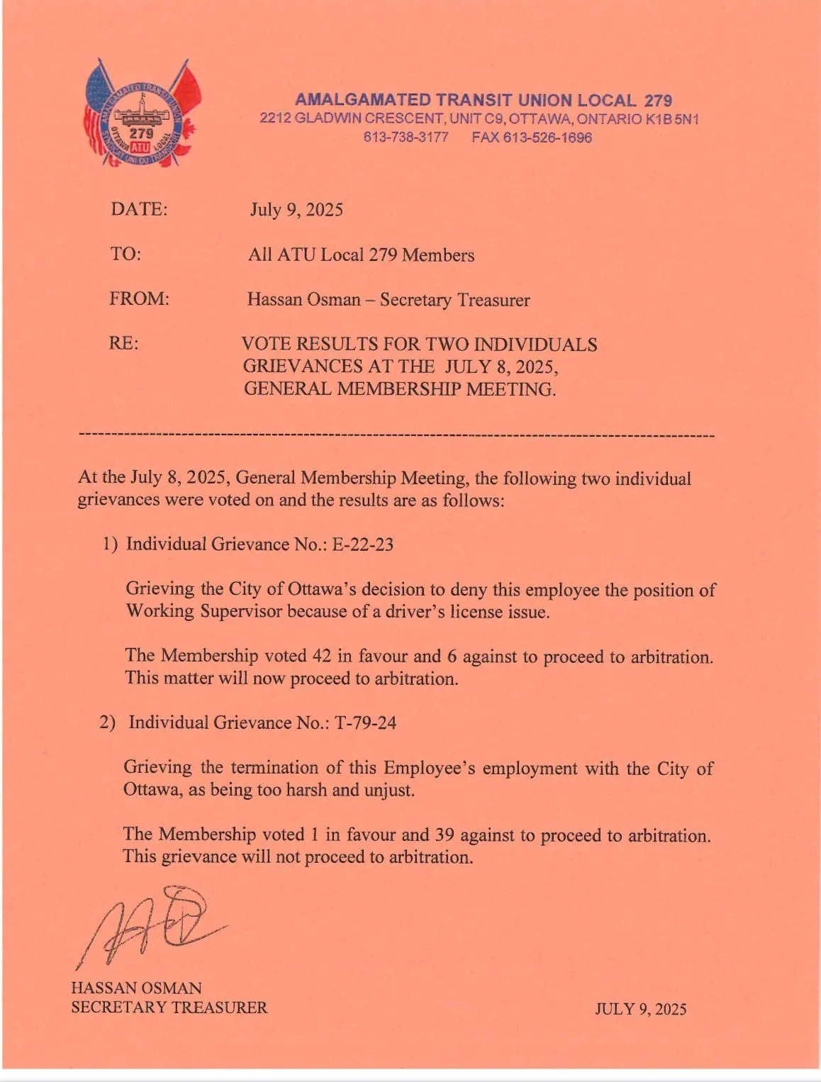 Vote results for 2 individuals grievances at the July 8, 2025 general membership meeting