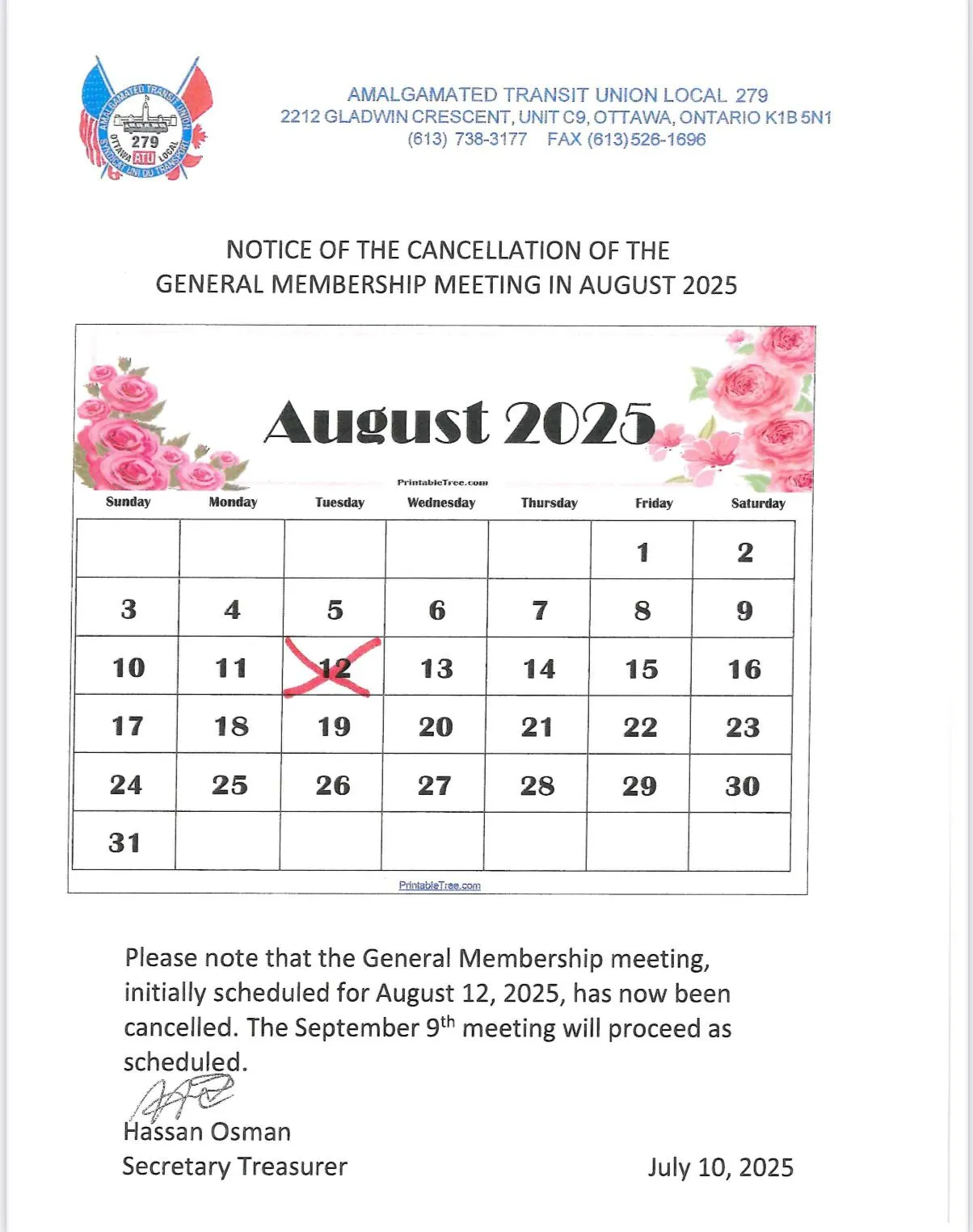 Notice of cancellation of the general membership meeting in August 2025