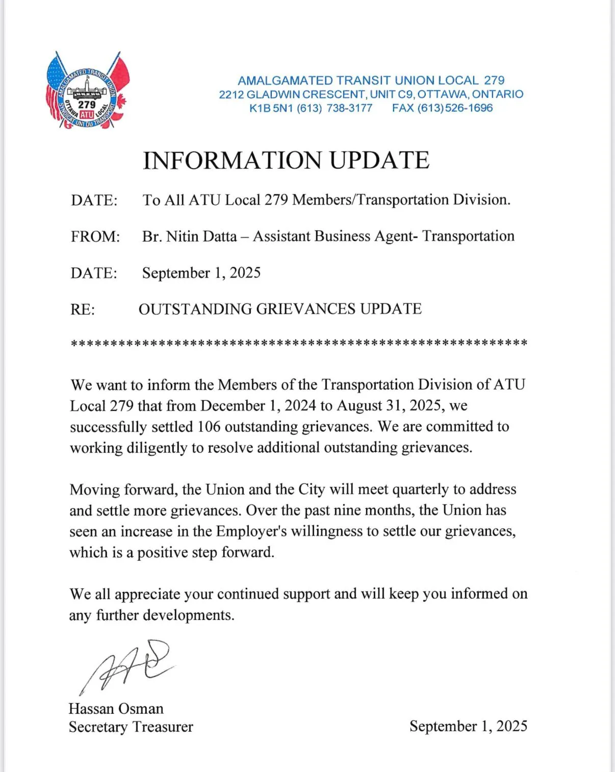 Outstanding Grievances Update