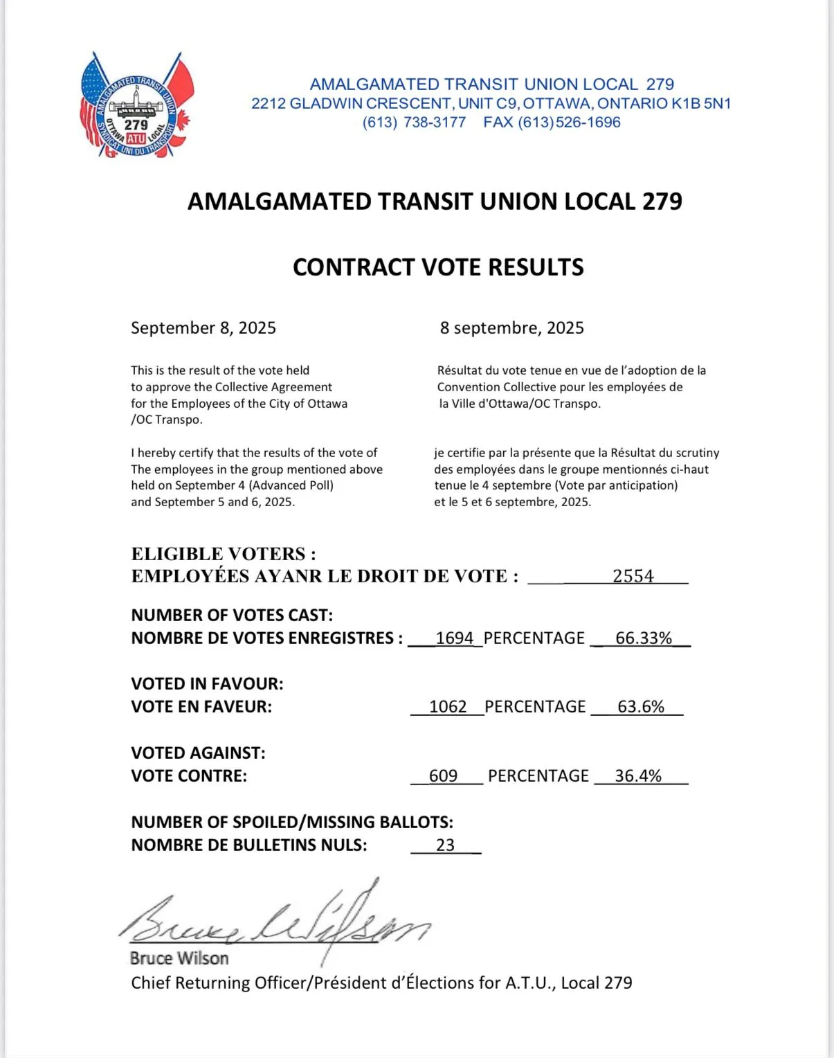 ATU Local 279 Vote Results for new Collective Agreement