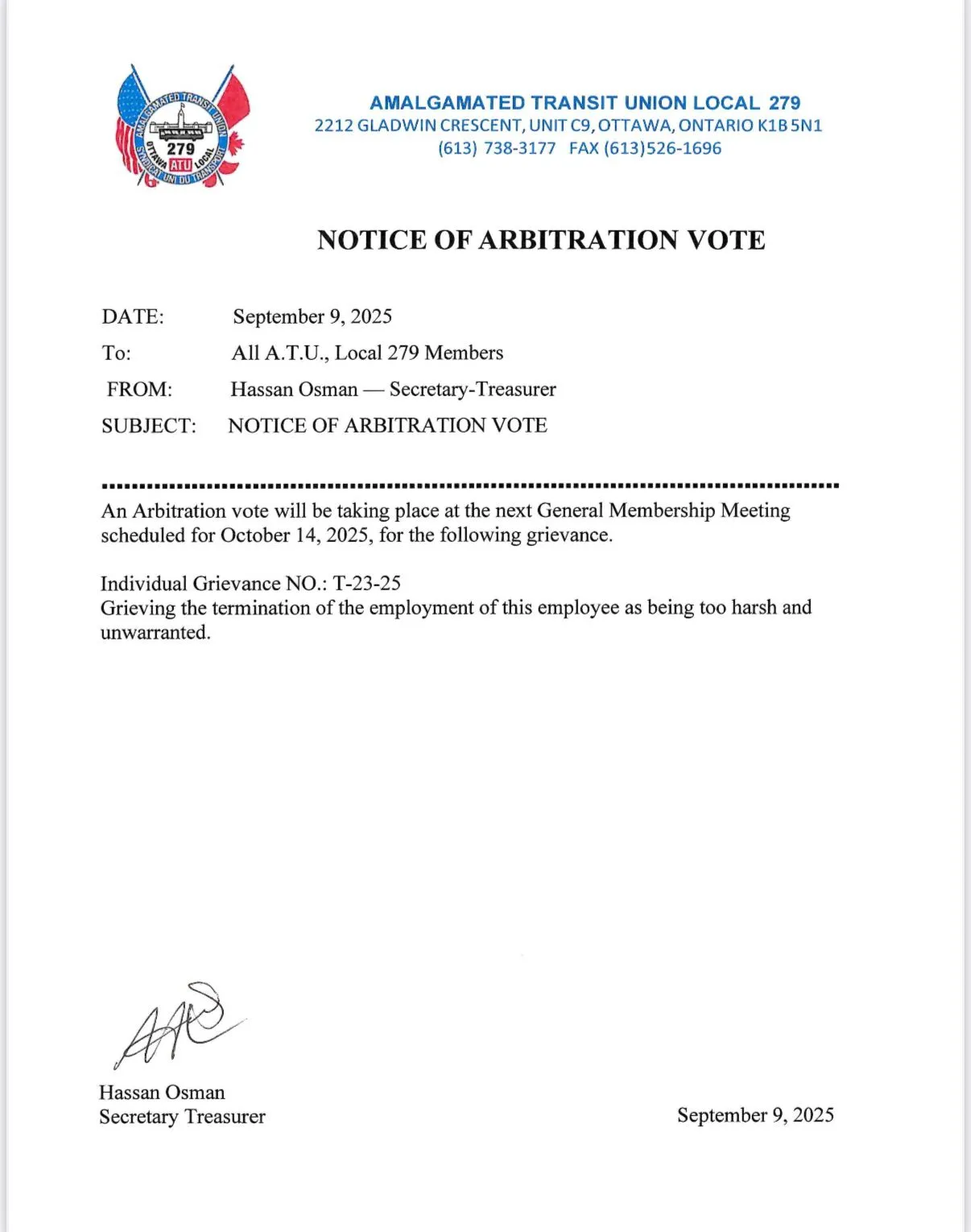 Notice of Arbitration Vote
