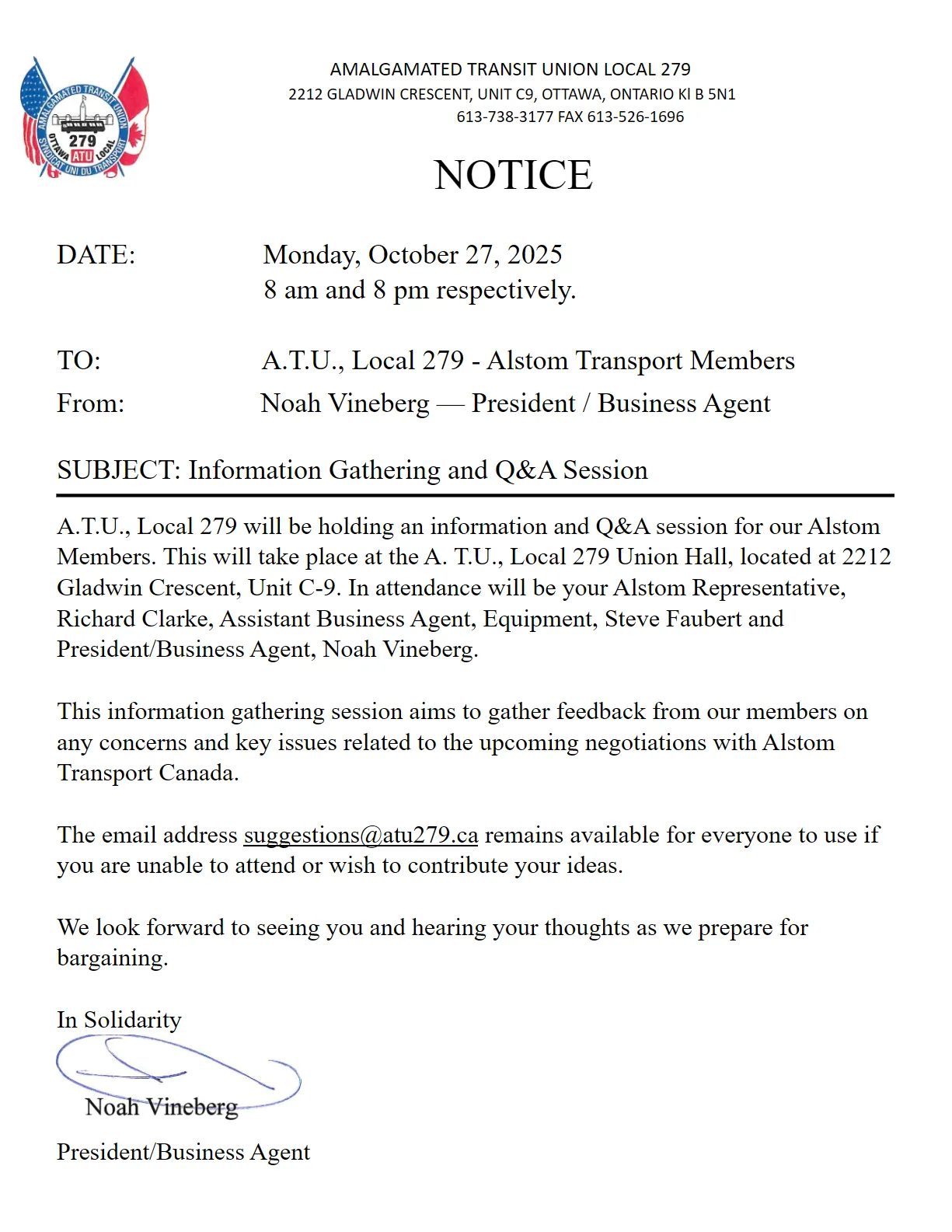 Alstom Transport Canada - Information Gathering and Q&A Session for upcoming negotiations