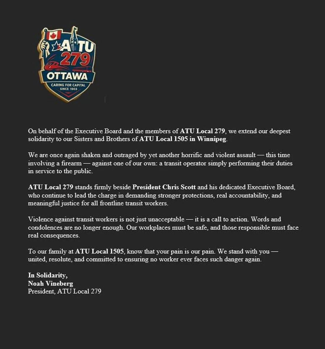 Solidarity letter with Local 1505 Winnipeg