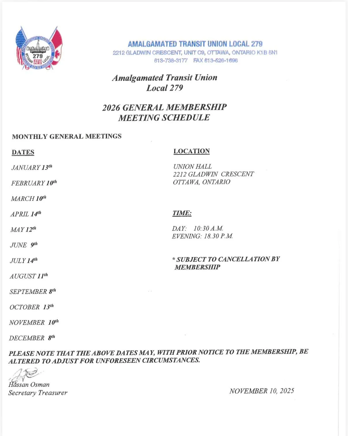 2026 General Membership Meeting Schedule